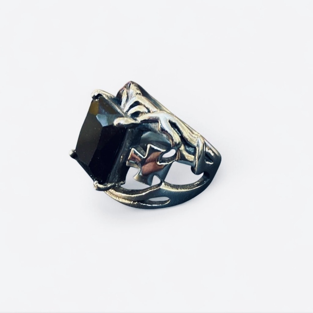 Black Face Square Gem Silver Gothic Ring Size 12 - image 2